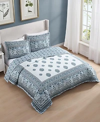 Bebejan Aquamarine Medallion 100% Cotton Sateen 3 Piece King Size Reversible Quilted Coverlet Set