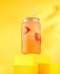 JoyJolt Fluted Glass Tumblers with Bamboo Lids and Straws, Set of 4