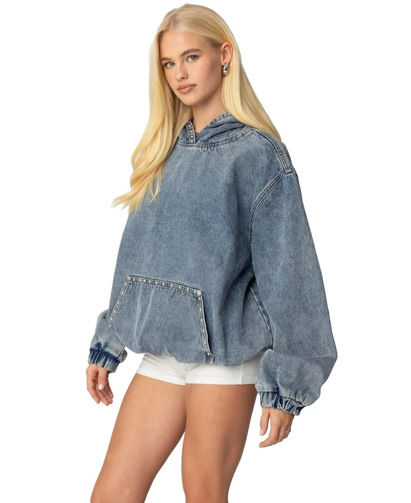 Edikted Womens Marney Oversized Studded Denim Hoodie