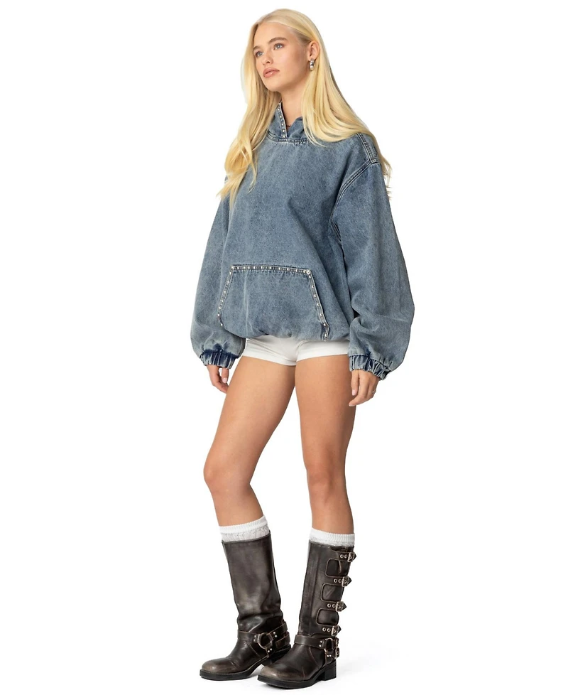 Edikted Womens Marney Oversized Studded Denim Hoodie