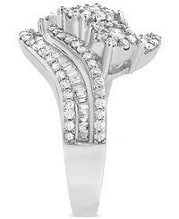 Diamond Round & Baguette Triple Cluster Swirl Ring (1 ct. t.w.) in 10k White Gold