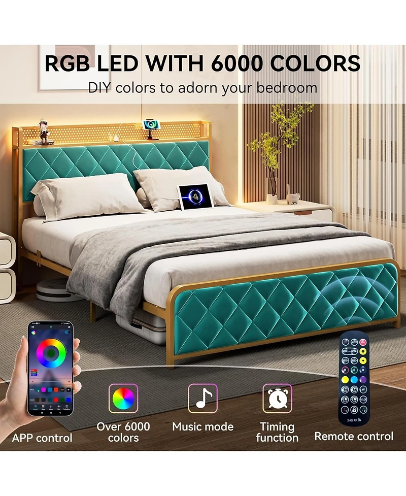gaomon King Bed Frame with Velvet Storage Headboard, Heavy Duty Steel Slats Support Metal Platform Bed Frame w/Charging Station & Led, App Remote Cont
