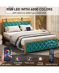 gaomon King Bed Frame with Velvet Storage Headboard, Heavy Duty Steel Slats Support Metal Platform Bed Frame w/Charging Station & Led, App Remote Cont