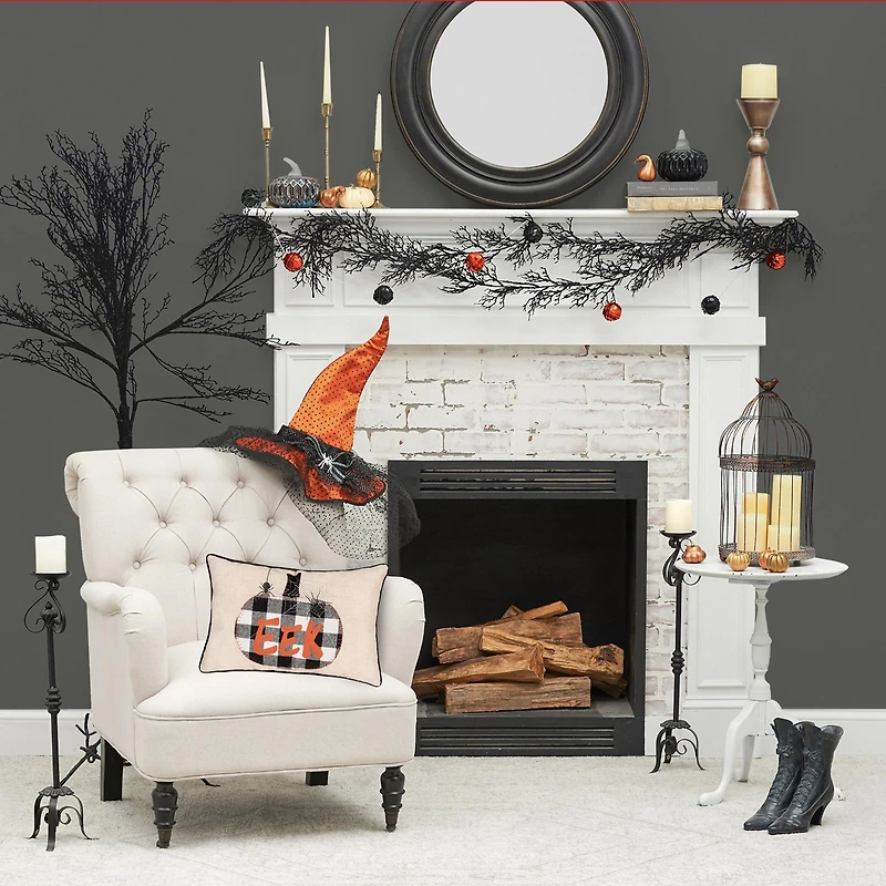 C&F Home 14" x 20" Franklin Plaid Black Pumpkin "Eek" Spider Web Halloween Linen Accent Throw Pillow