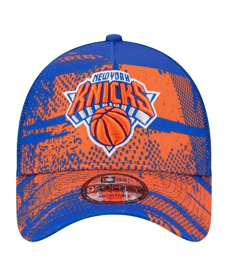 New Era Men's Blue/Orange New York Knicks Tip Off A-Frame Trucker 9FORTY Adjustable Hat