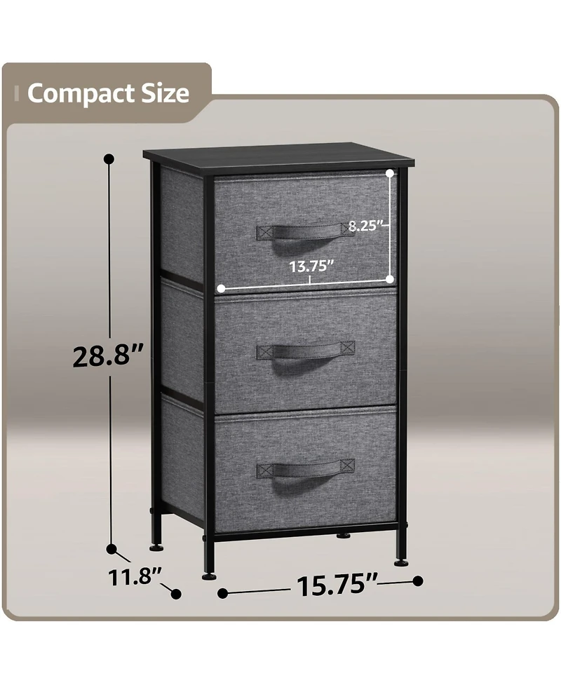Sorbus Nightstand with 3 Drawers - Steel Frame, Wood Top & Easy Pull Fabric Bins Perfect for Home, Bedroom, Office College Dorm