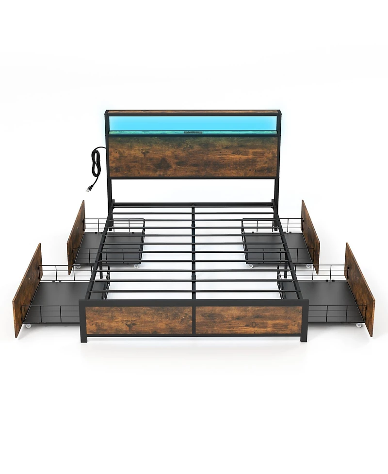 Gouun Full Size Bed Frame with Smart Led Lights and Storage Drawers