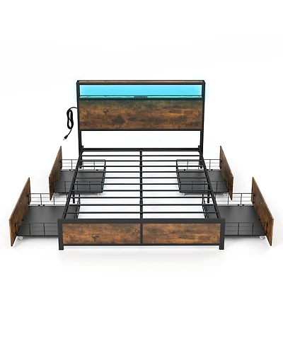 Gouun Full Size Bed Frame with Smart Led Lights and Storage Drawers