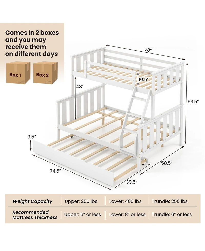 3-in-1 Twin Over Full Bunk Bed with Trundle and Built-in Ladder