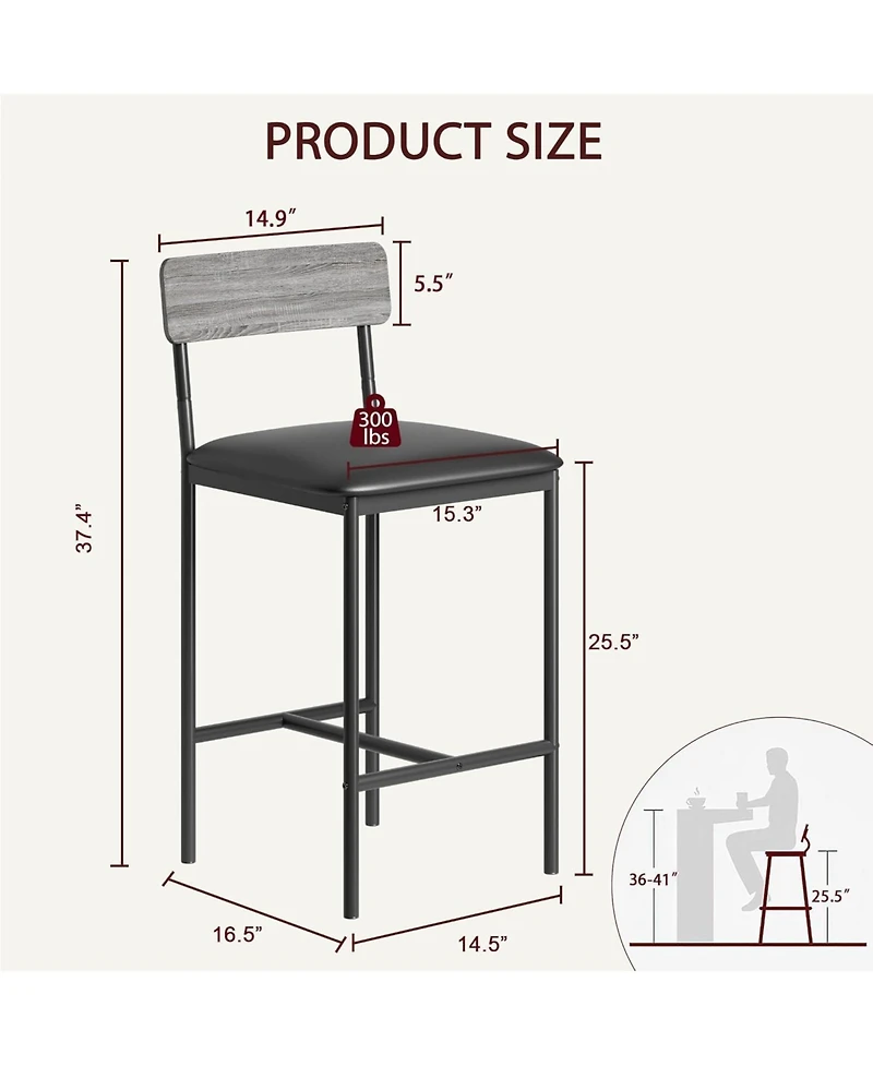 Bar Stools Set of 4, Upholstered Counter Height Bar Stools with Backrest and Footrest, Kitchen Barstools for Island, Counter Bar, Easy Assembly