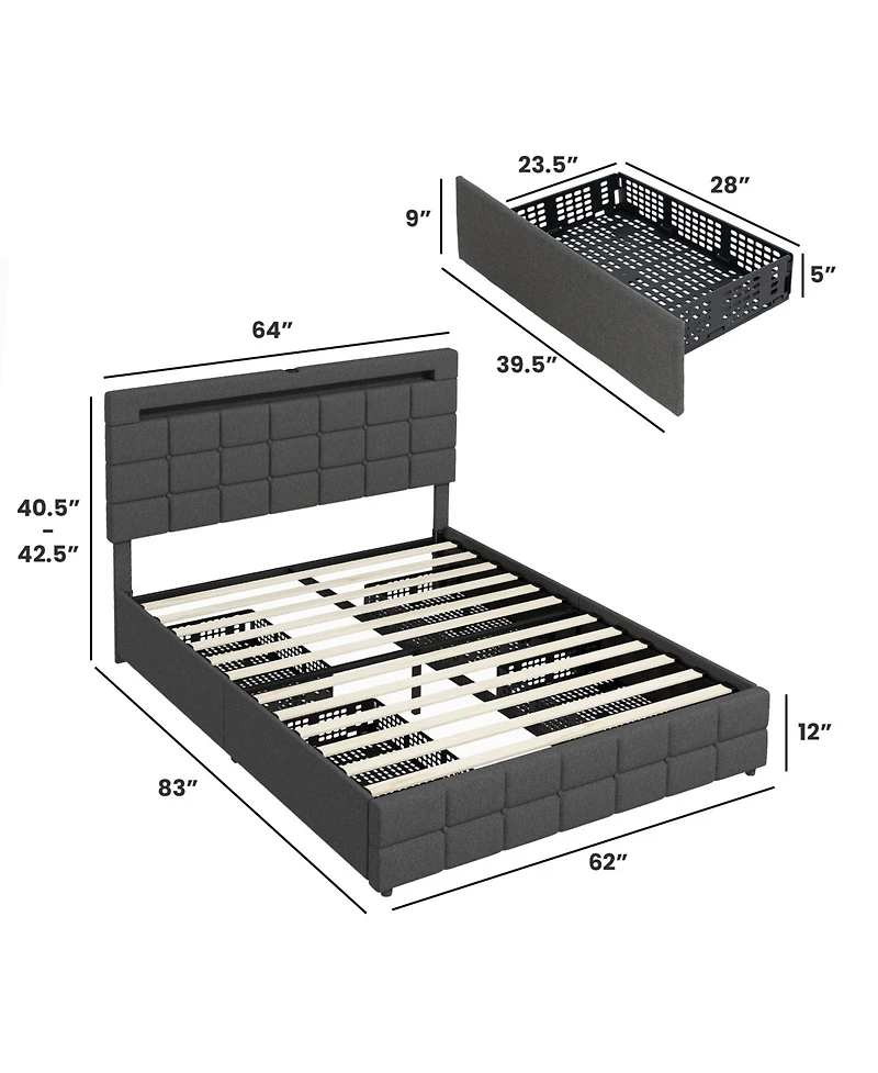 Gouun Upholstered Queen Led Bed Frame with Headboard and 4 Drawers-Queen Size