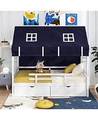 Twin House Bed for Kids with Tent and 2 Storage Drawers