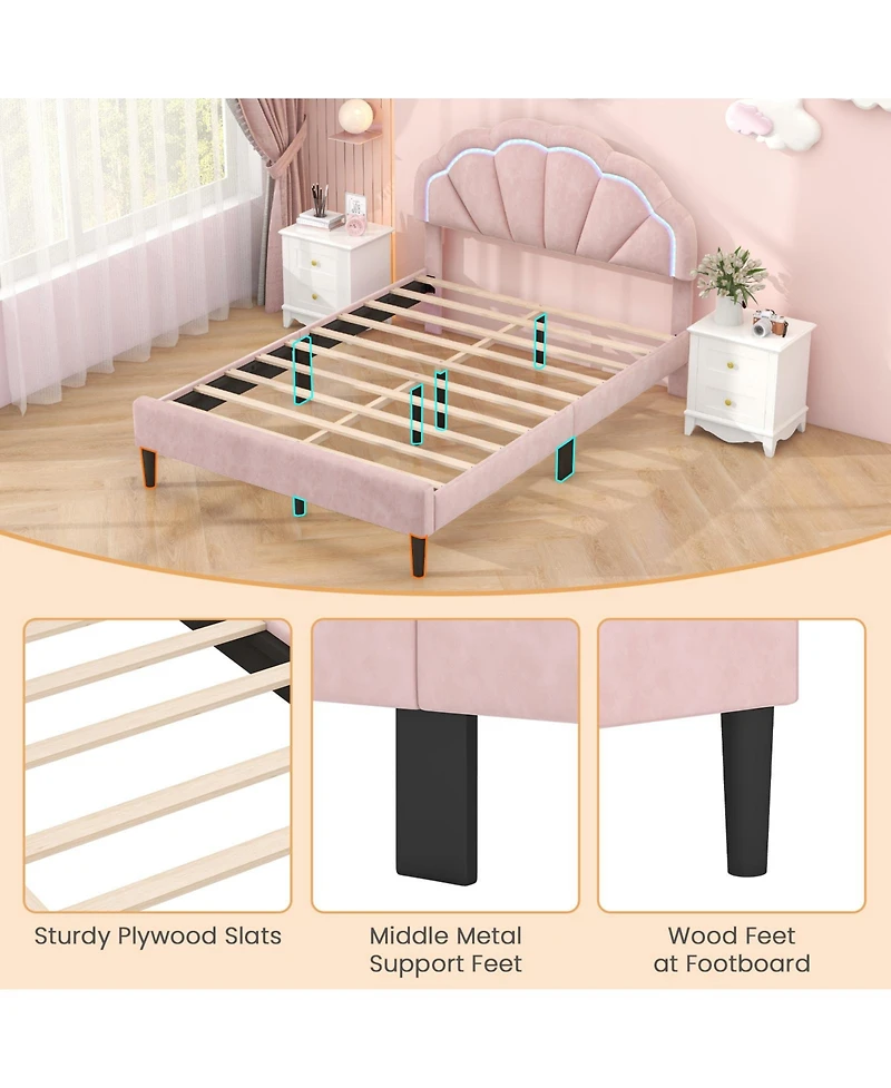 Queen Size Upholstered Led Bed Frame with Adjustable Flower Headboard and Metal Support Legs