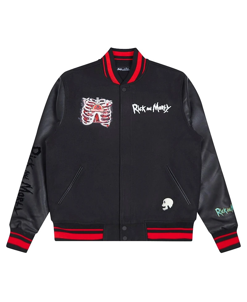 Freeze Max Men's Black Rick And Morty Anatomy Park Full-Zip Varsity Jacket