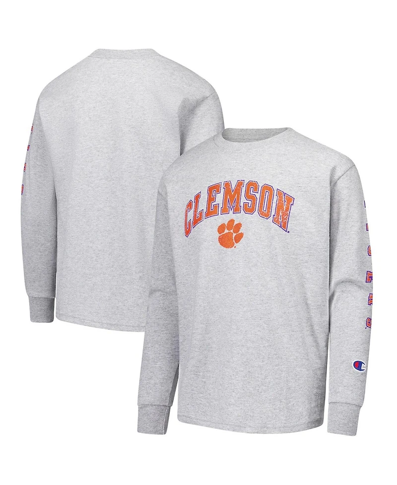 Champion Big Boys and Girls Gray Clemson Tigers Distressed Arch Over Logo Long Sleeve T-Shirt