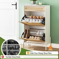 Natural Rattan Storage Cabinet with 2 Flip Drawers, Wooden Entry Way Cabinet with Storage with Adjustable Shelf and Metal Legs, Entrance Shoe Cabinet