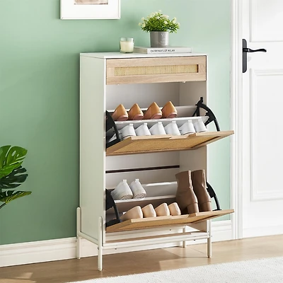 Natural Rattan Storage Cabinet with 2 Flip Drawers, Wooden Entry Way Cabinet with Storage with Adjustable Shelf and Metal Legs, Entrance Shoe Cabinet