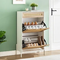 Natural Rattan Storage Cabinet with 2 Flip Drawers, Wooden Entry Way Cabinet with Storage with Adjustable Shelf and Metal Legs, Entrance Shoe Cabinet