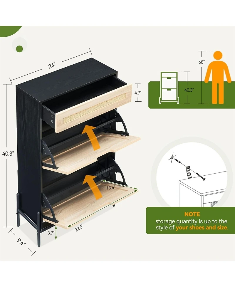 gaomon Natural Rattan Storage Cabinet with 2 Flip Drawers, Wooden Entry Way Cabinet with Storage with Adjustable Shelf and Metal Legs