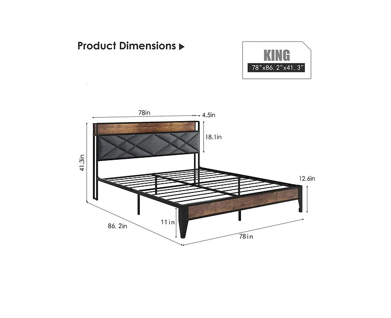 gaomon King Size Bed Frame,Upholstered Headborad with Storage and Charing Station, Tufted Design, Steel Slats Support, No Box Spring Needed, Easy Asse