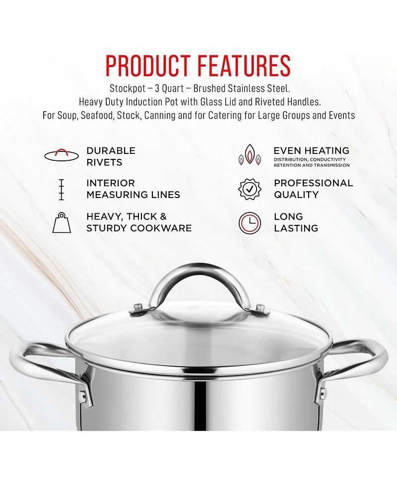 Bakken-Swiss Deluxe 3-Quart Stainless Steel Stockpot w/Tempered Glass See-Through Lid - Simmering Delicious Soups Stews & Induction Cooking
