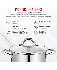 Bakken-Swiss Deluxe 3-Quart Stainless Steel Stockpot w/Tempered Glass See-Through Lid - Simmering Delicious Soups Stews & Induction Cooking