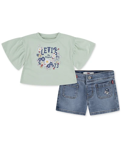 Levi's Baby Girls 2-Pc. Flutter-Sleeve Top & Jean Shorts Set
