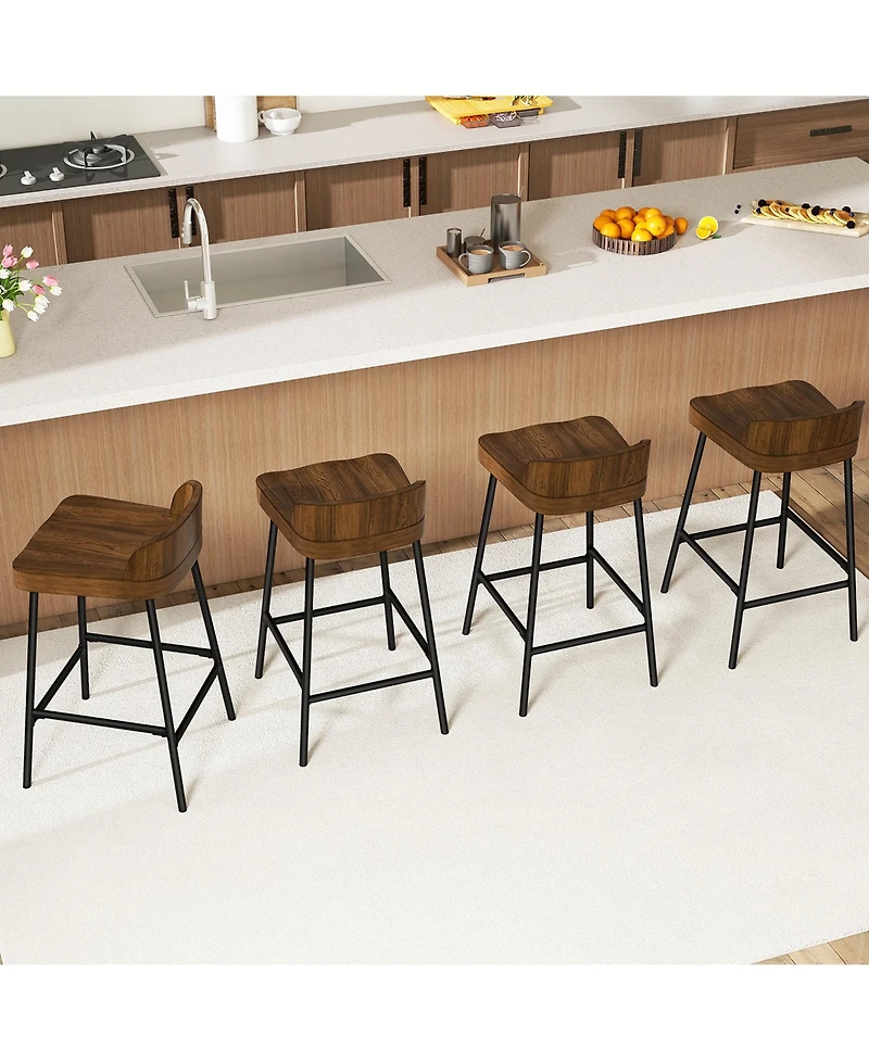 Gymax 24.5''Bar Stool Set of Armless Bar Chair w/ Backrest Footrest & Metal Frame Cafe