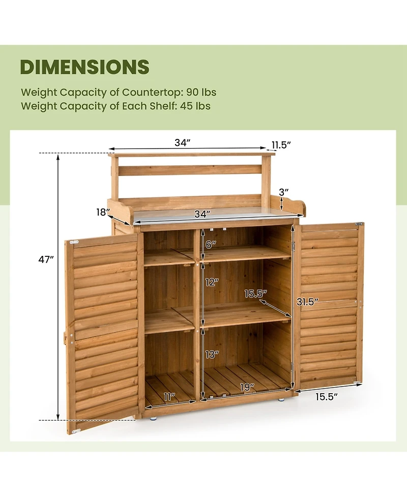 Outdoor Potting Bench with Galvanized Metal Countertop 3 Hanging Hooks