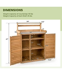 Outdoor Potting Bench with Galvanized Metal Countertop 3 Hanging Hooks