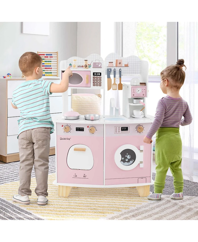 Wooden Kids Kitchen Playset Pretend Play Kitchen with Coffee Maker & Microwave