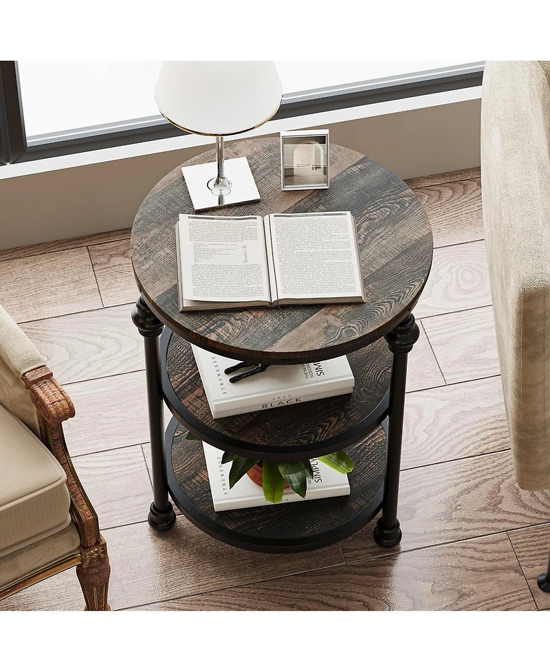 gaomon Round Side Table,Small End Table with 3 Shelves for Living Room,Bedroom, Night Stand Accent Coffee Table with Steel Frame for Small Spaces