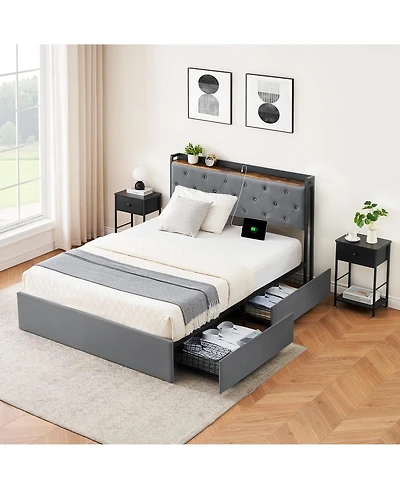 gaomon Size Bed Frame with 4 Storage Drawers and Charging Station, Upholstered Bed Frame with Storage Headboard