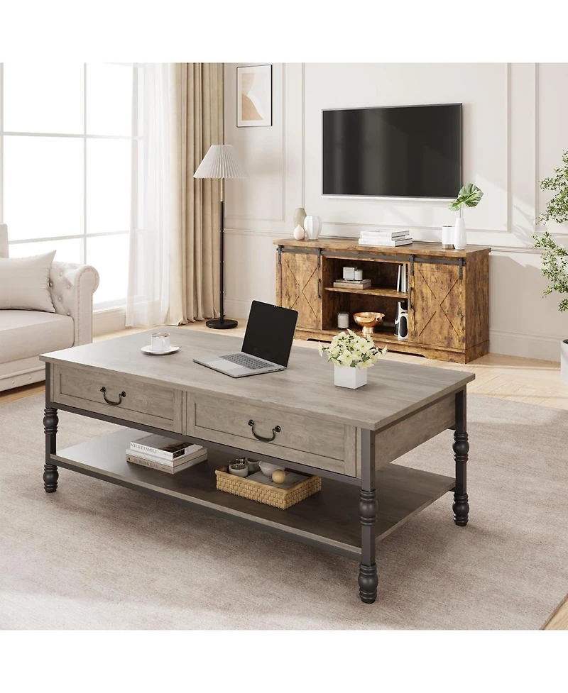 gaomon Coffee Table with Drawers, 41" Large Center Table with Storage Rectangular Cocktail Table, Mid Century Wooden Coffee Tables, Retro Living Room