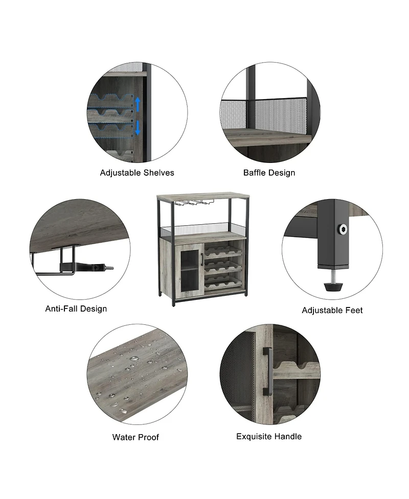 gaomon 3-Tier Wine Bar Cabinet with Led Lights, Detachable Wine Rack and Storage Space,Grey