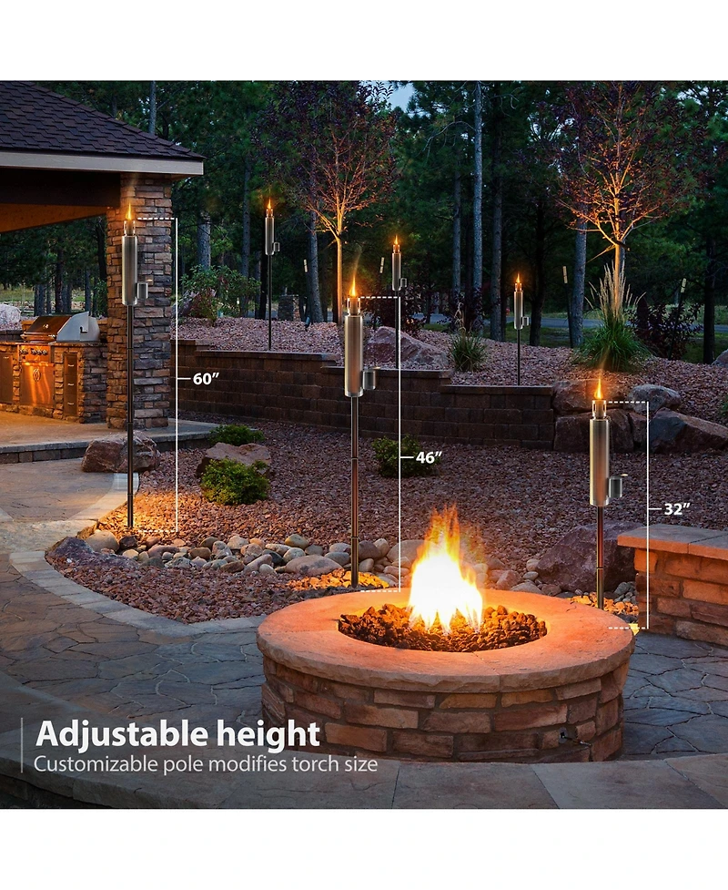 Sorbus 4 Pack Stainless Steel 5ft Outdoor Torches - Decorative Garden & Yard Lights Fiberglass Wick Snuffer Cap Silver