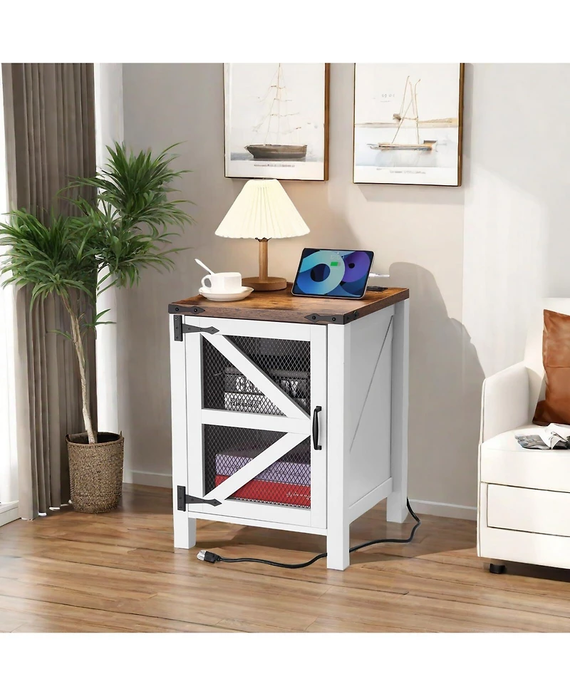 gaomon Farmhouse Nightstand with Charging Station, 18" End Table with Barn Door, Adjustable Shelf, Sofa Side Table for Bedroom & Living Room
