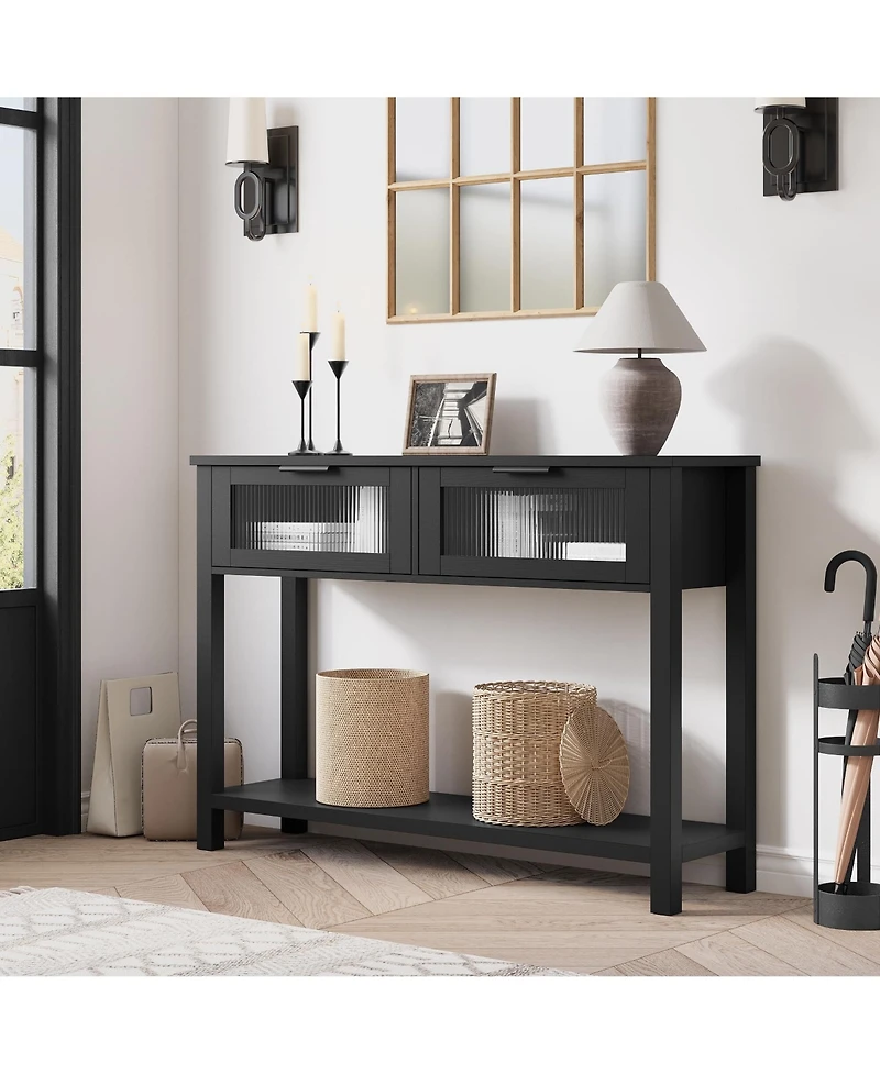 gaomon 43'' Narrow Console Table with Glass Drawers 2 Tier Sofa Table Entryway Table w/Storage Wood Console Table Side Table