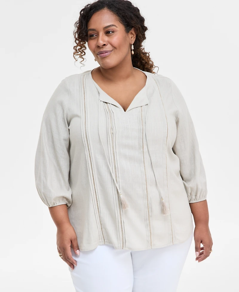 Jm Collection Plus Pleated Split-Neck Top, Exclusively at Macy's