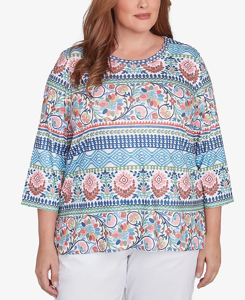 Alfred Dunner Plus Size Classic Knit Scroll Geometric Crew Neck Top
