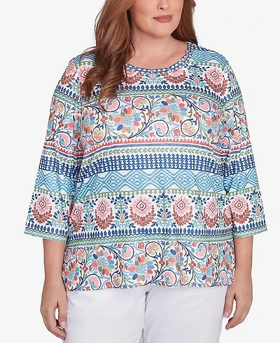 Alfred Dunner Plus Size Classic Knit Scroll Geometric Crew Neck Top