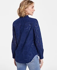 Women's Solid Eyelet Button-Up Shirt
