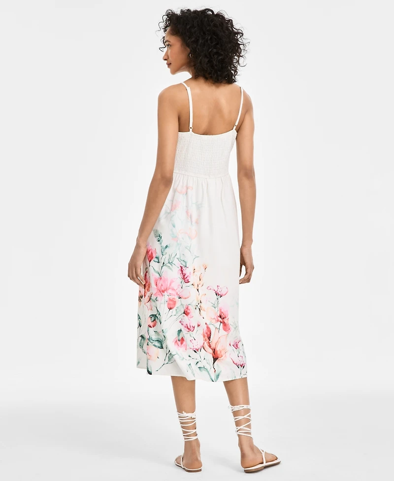 Juniors' Scalloped-Neck Placed Floral Midi Dress