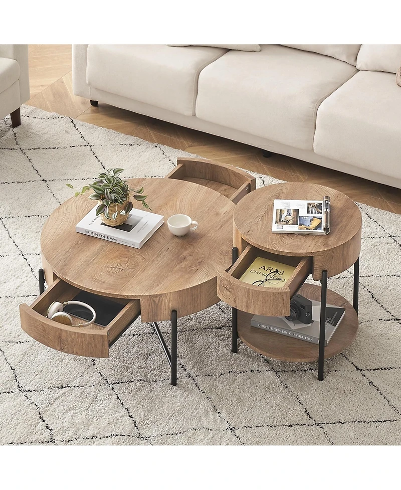 gaomon Round Coffee Table with Drawers Farmhouse Coffee Table with Storage Wood Accent Center Table Natural Coffee Table for Living Room