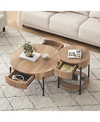 gaomon Round Coffee Table with Drawers Farmhouse Coffee Table with Storage Wood Accent Center Table Natural Coffee Table for Living Room