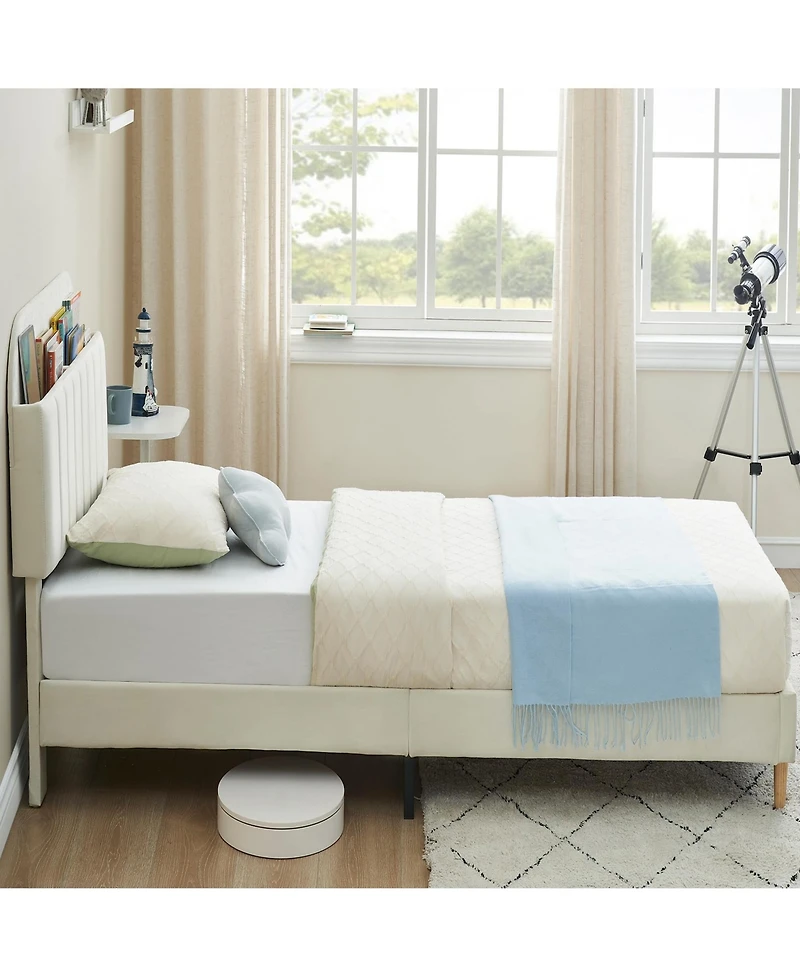 gaomon Twin Bed Frames, Upholstered Platform Bed Frame with Bookcase Headboard, Velvet Platform Bed Mattress Foundation