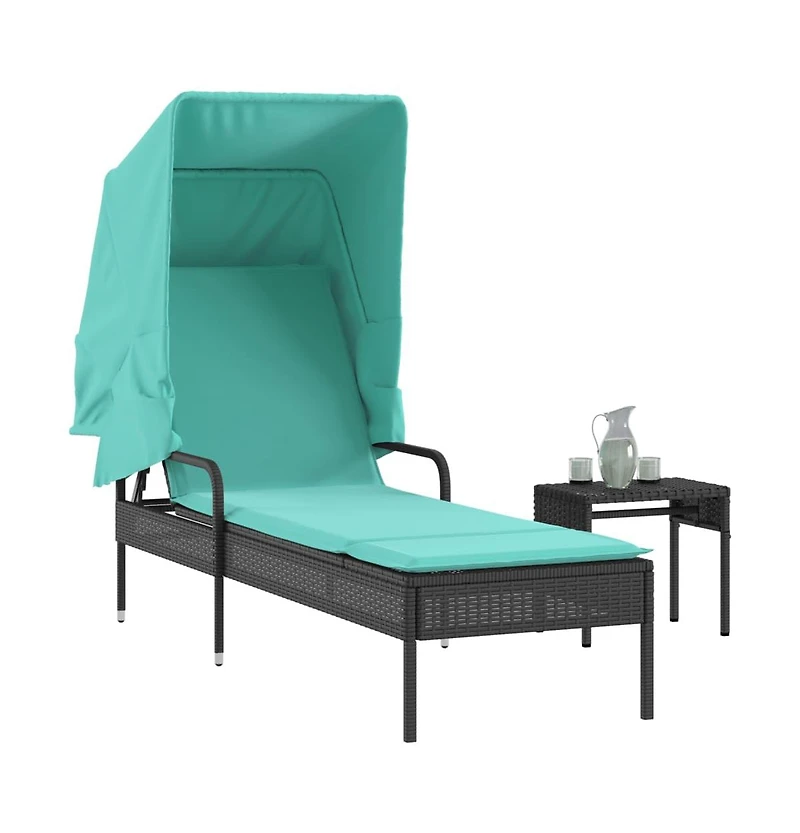 Sun Lounger with Canopy and Table Black Poly Rattan