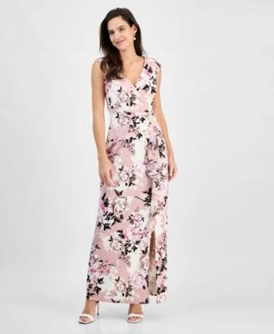 Connected Womens Floral Print Draped Sleeveless Gown