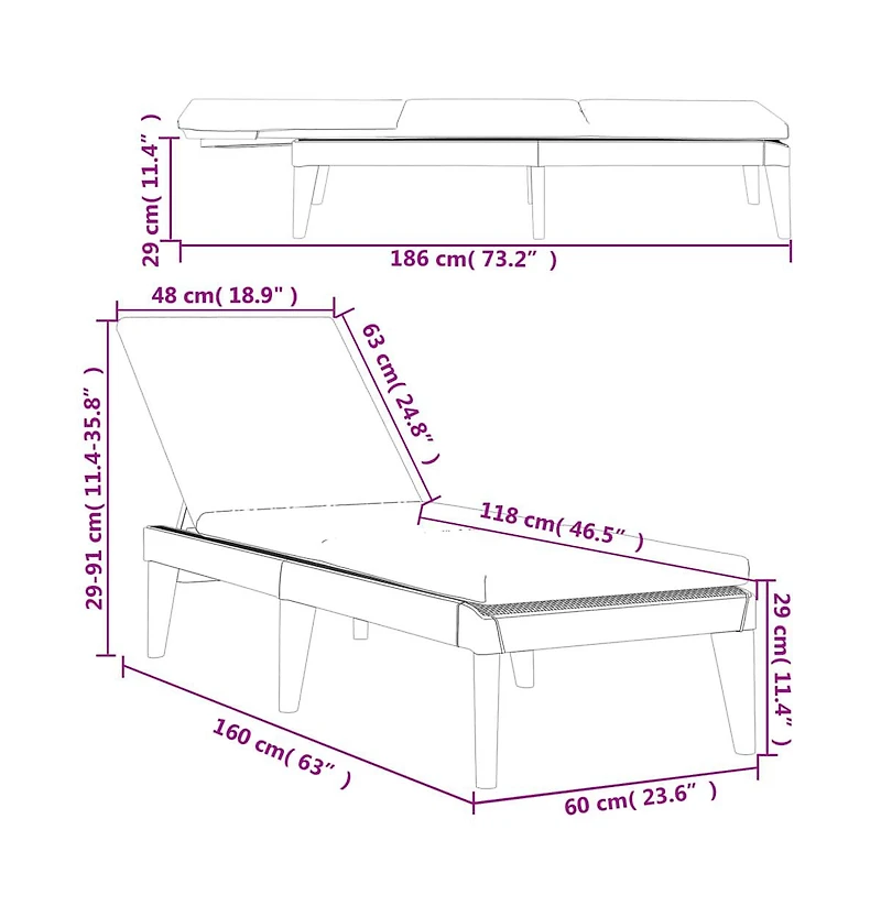 Sun Lounger with Cushion White 73.2"x23.6"x11.4" Pp