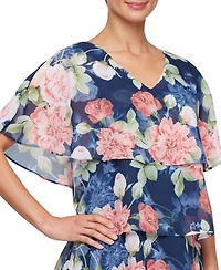 Sl Fashions Women's Floral Cape-Overlay Tiered Dress